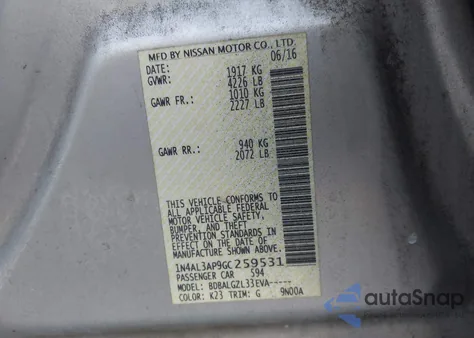 2016 Nissan Altima 2.5/2.5 S/2.5 Sl/2.5 Sr/2.5 Sv из США, поврежденный, VIN 1N4AL3AP9GC259531